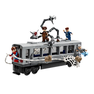 [built-white] A Brick Apart LEGO Marvel Spider-Man vs. Doc Ock subway train set with minifigures and web accessories on display.