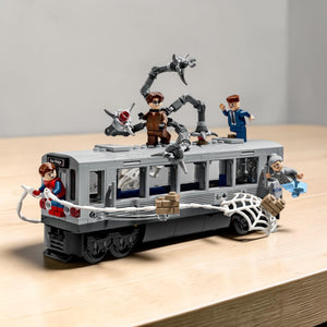 [lifestyle-shelf-built] A Brick Apart LEGO Marvel Spider-Man vs. Doc Ock subway train set with minifigures and mechanical tentacles.