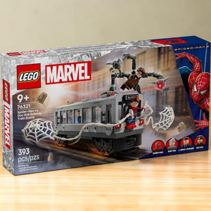 [lifestyle-shelf-box] A Brick Apart LEGO Marvel Spider-Man vs. Doc Ock Subway Train set box featuring minifigures and a buildable train.