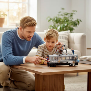 [lifestyle-person] A Brick Apart LEGO Spider-Man vs. Doc Ock subway train set being played with by a father and son in a living room.