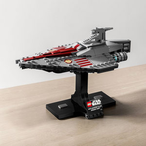[lifestyle-shelf-built] A Brick Apart LEGO Star Wars Acclamator-class Assault Ship model on a black display stand with a nameplate.