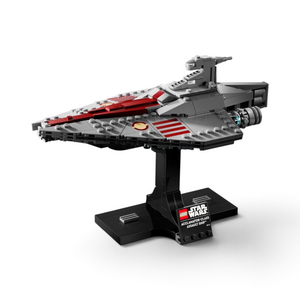 [built-white] A Brick Apart LEGO Star Wars Acclamator-class Assault Ship model on a black display stand with a nameplate.