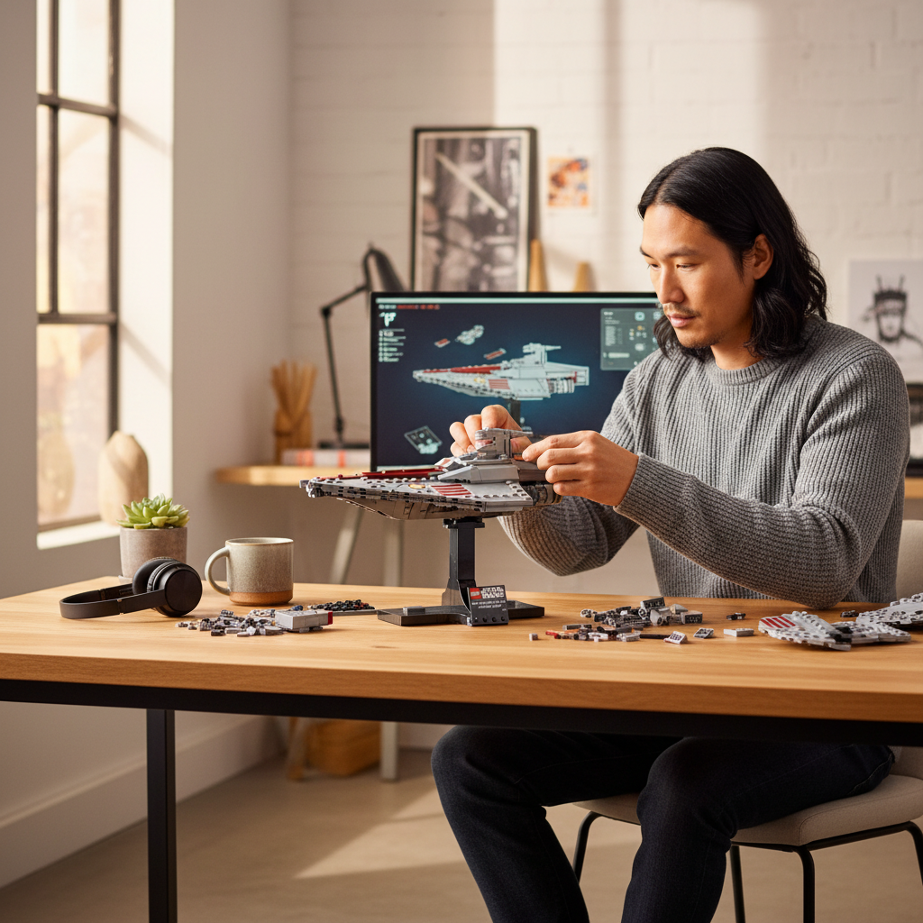 [lifestyle-person] A Brick Apart adult fan building the LEGO Star Wars Acclamator-class Assault Ship model on a wooden desk.
