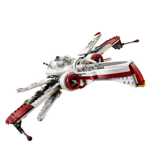 [built-angle] A Brick Apart LEGO Star Wars ARC-170 Starfighter in flight with adjustable wings and minifigure pilots in cockpits
