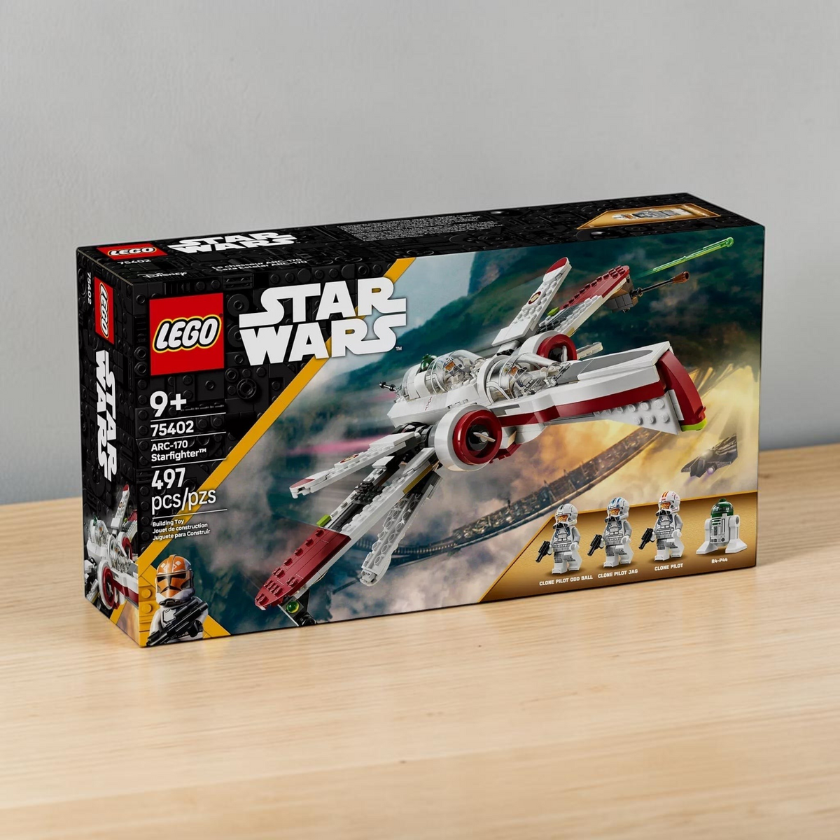 [lifestyle-shelf-box] A Brick Apart LEGO Star Wars ARC-170 Starfighter set box featuring the buildable ship, minifigures, and droid.
