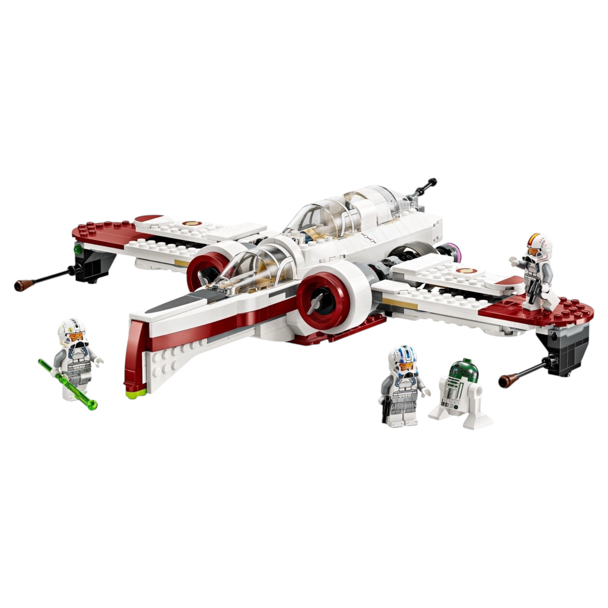[built-white] A Brick Apart LEGO Star Wars ARC-170 Starfighter set with white and red wings, three cockpits, and four minifigures.