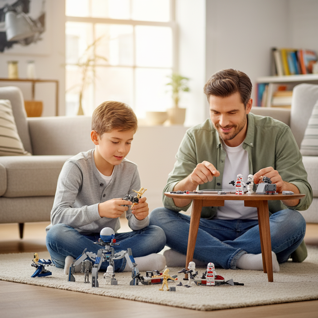[lifestyle-person] A Brick Apart LEGO Star Wars Clone Trooper and Battle Droid set being built by a father and son in a living room.