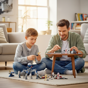[lifestyle-person] A Brick Apart LEGO Star Wars Clone Trooper and Battle Droid set being built by a father and son in a living room.