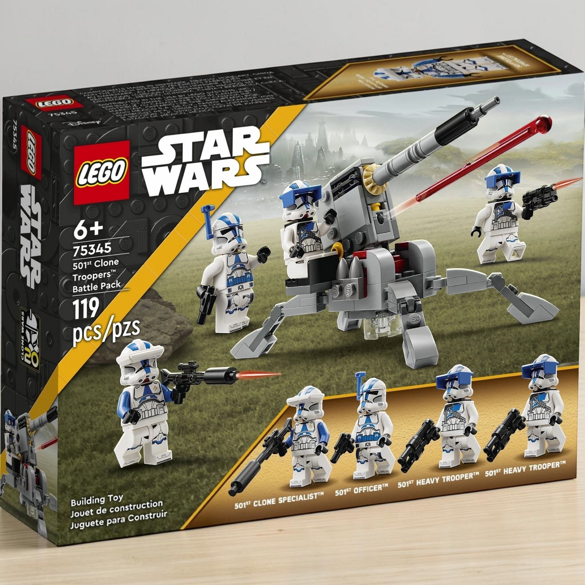 [lifestyle-shelf-box] A Brick Apart LEGO Star Wars 501st Clone Troopers Battle Pack box featuring four minifigures and an AV-7 cannon.