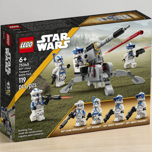 [lifestyle-shelf-box] A Brick Apart LEGO Star Wars 501st Clone Troopers Battle Pack box featuring four minifigures and an AV-7 cannon.