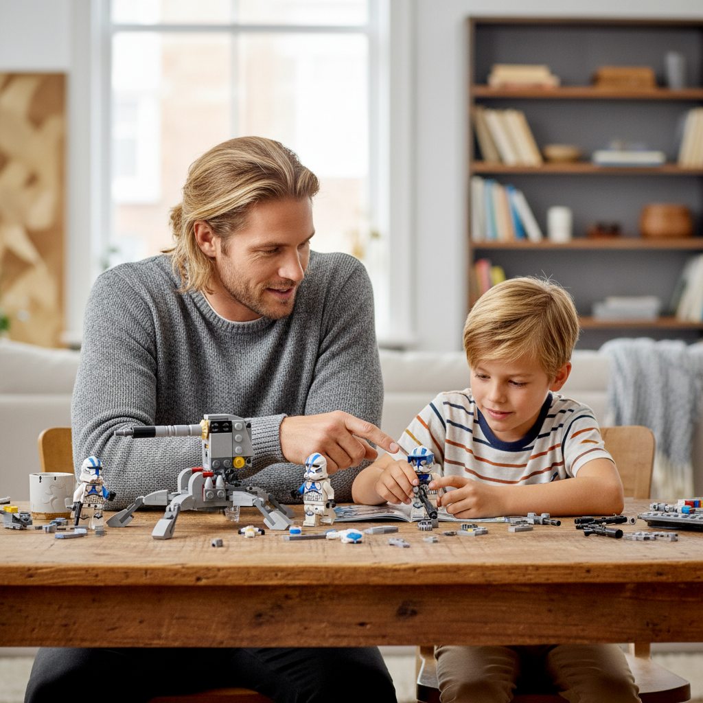 [lifestyle-person] A Brick Apart LEGO Star Wars 501st Clone Troopers set being built by a father and son at a wooden table