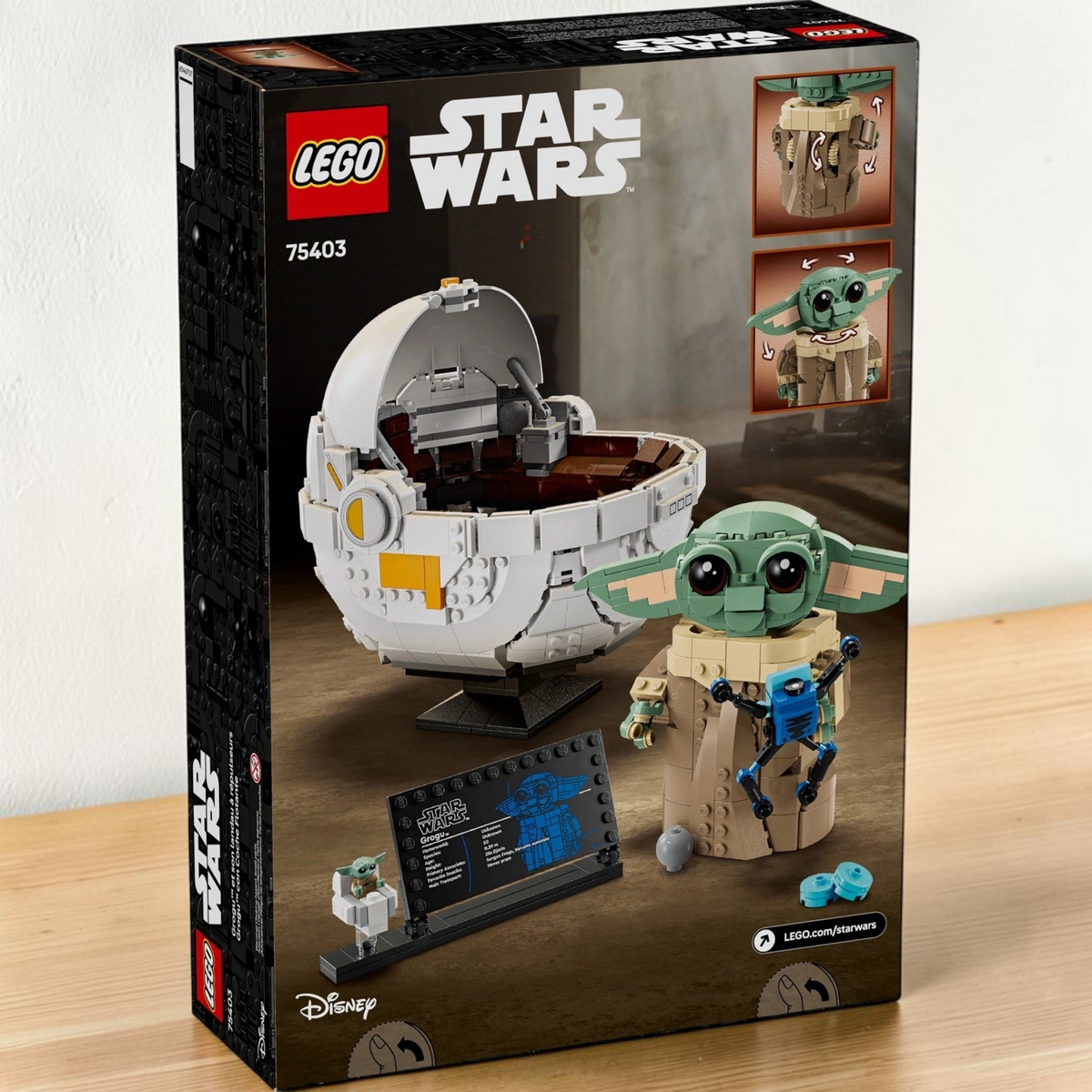 [lifestyle-shelf-box] A Brick Apart LEGO Star Wars Grogu with Hover Pram set box showing the buildable figure, pram, and display plaque.