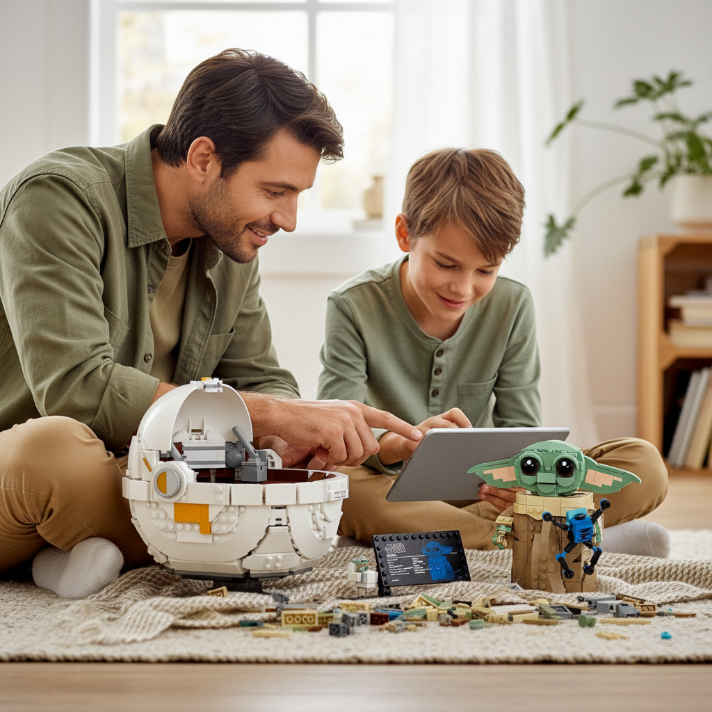 [lifestyle-person] A Brick Apart LEGO Star Wars Grogu with hover pram set being built by a father and son on a living room rug.
