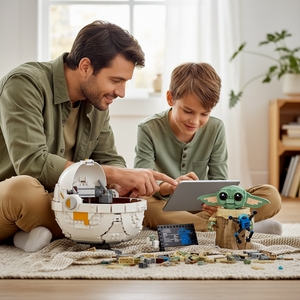 [lifestyle-person] A Brick Apart LEGO Star Wars Grogu with hover pram set being built by a father and son on a living room rug.