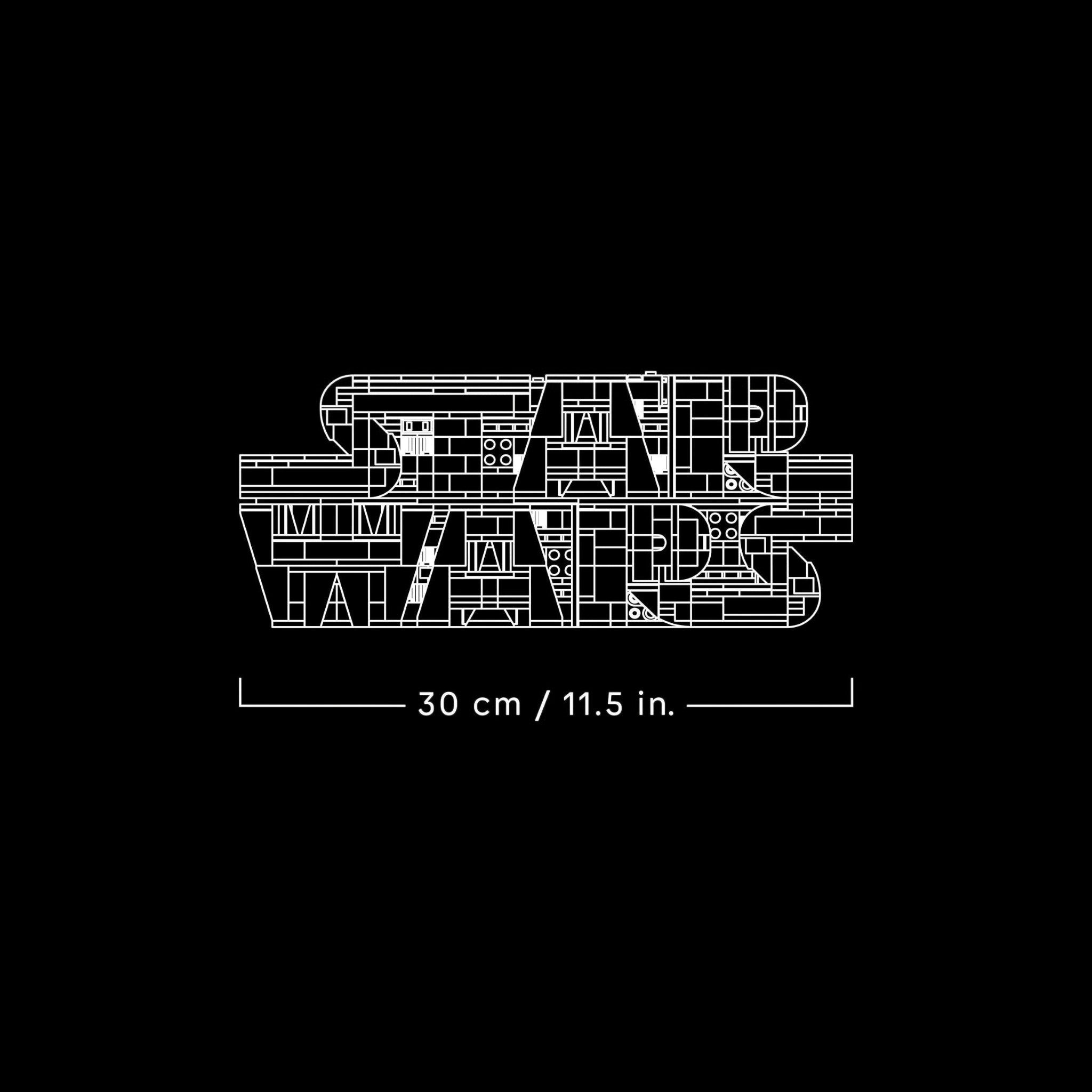 A Brick Apart LEGO Star Wars logo model kit shown as a white line drawing on a black background with dimensions.