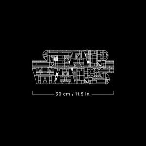 A Brick Apart LEGO Star Wars logo model kit shown as a white line drawing on a black background with dimensions.