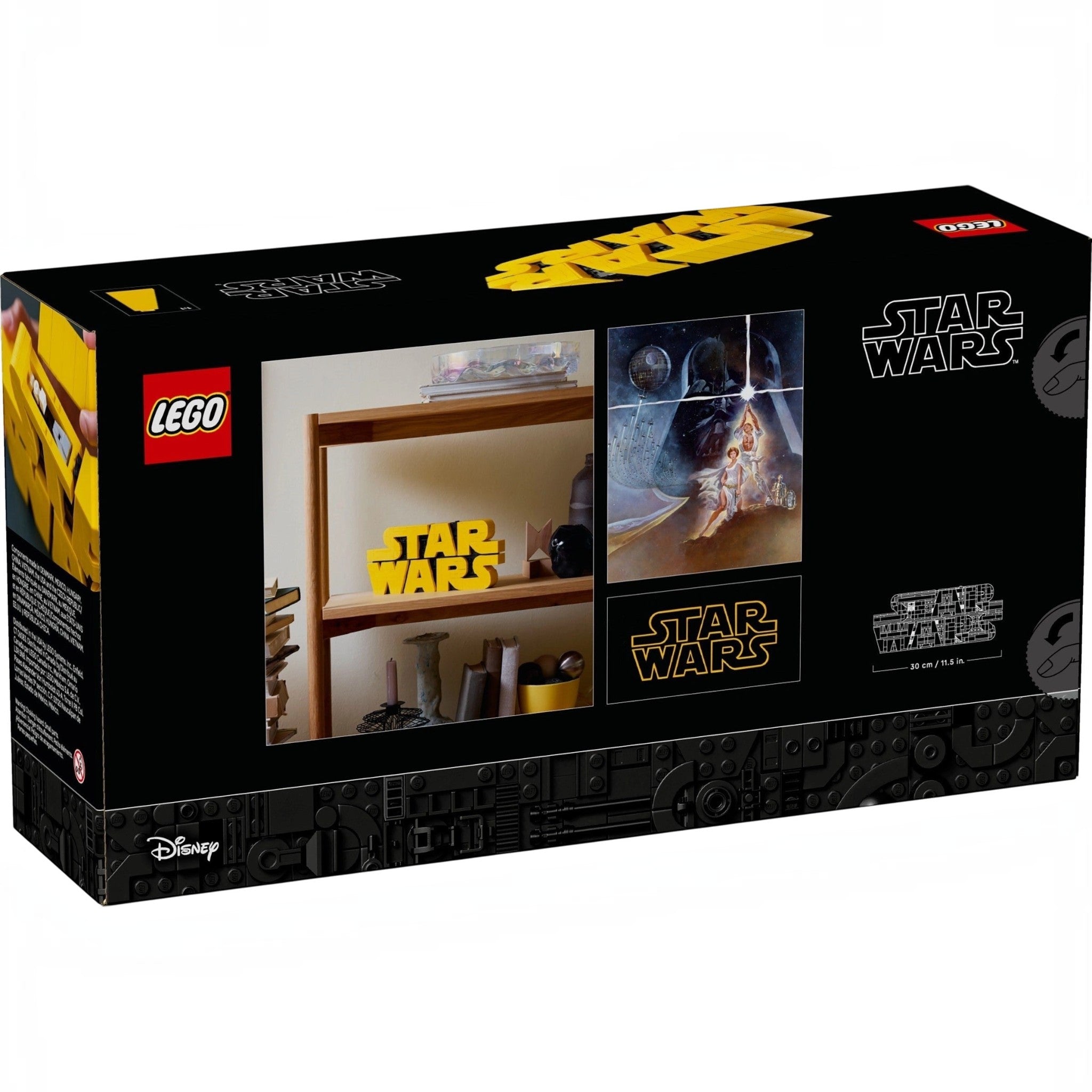 A Brick Apart LEGO Star Wars logo brick-built display set box showing the finished yellow 3D model on a wooden shelf.