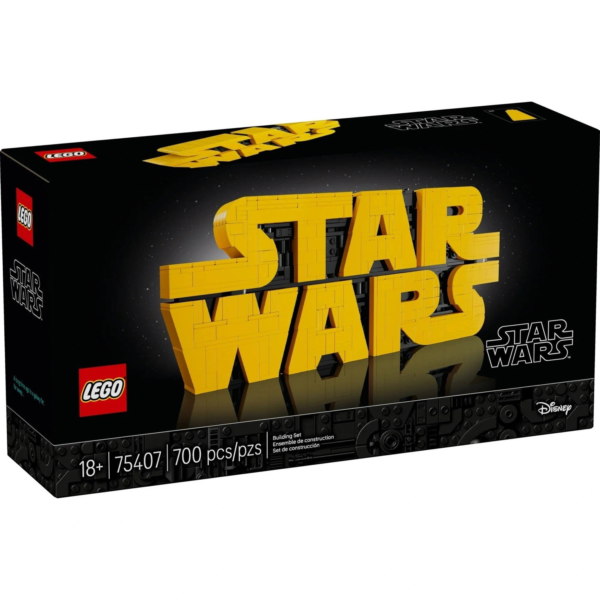 A Brick Apart LEGO Star Wars Logo 75407 building set box featuring 3D yellow letters on a black background.