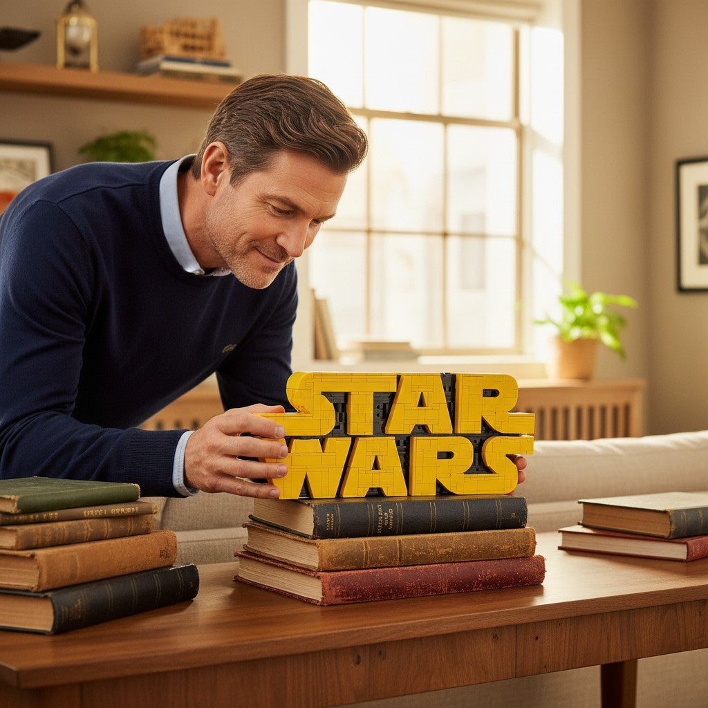 A Brick Apart LEGO Star Wars logo model being placed on a stack of vintage books by a man in a navy sweater.
