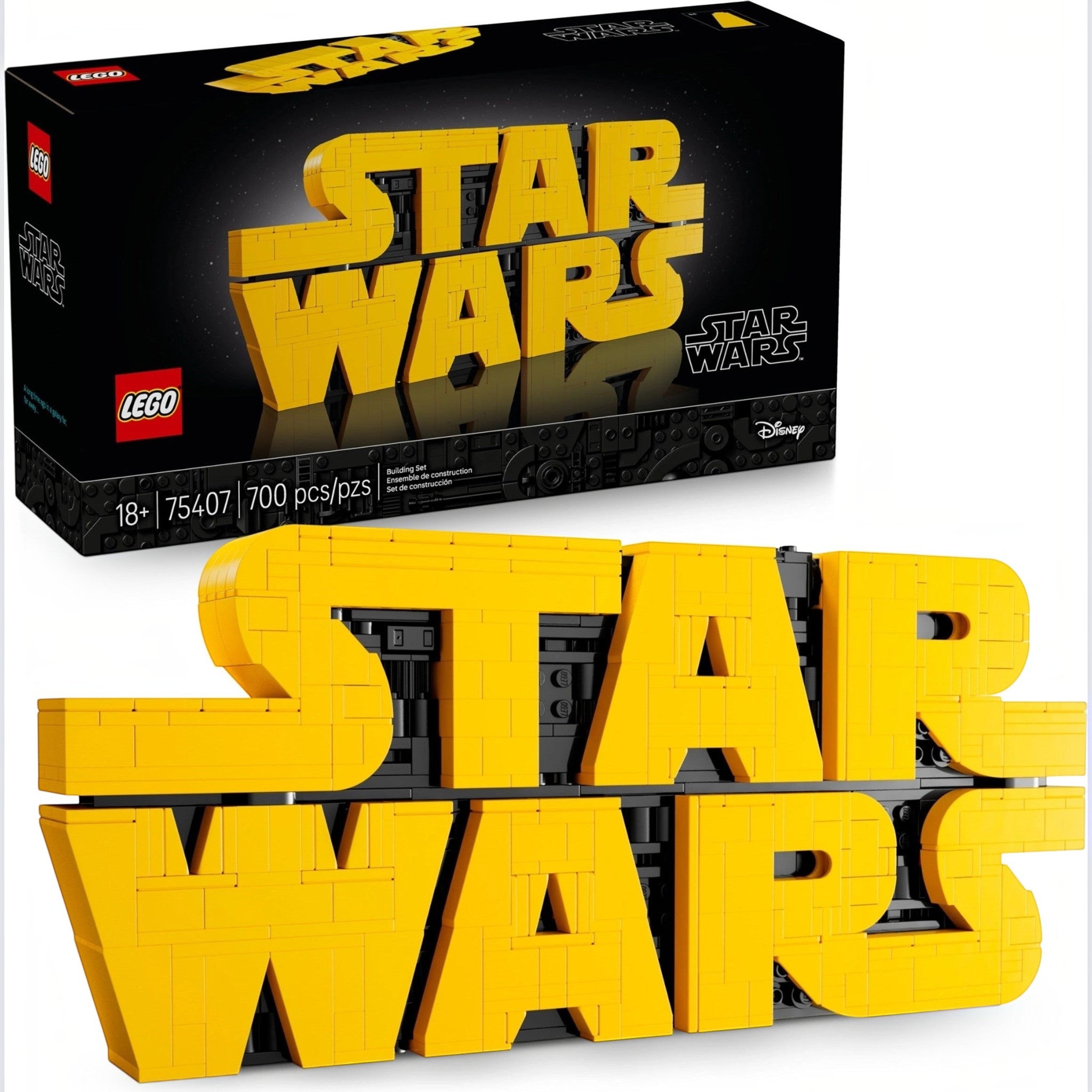 A Brick Apart LEGO Star Wars logo 3D brick-built display sign with yellow letters and black greebling details.