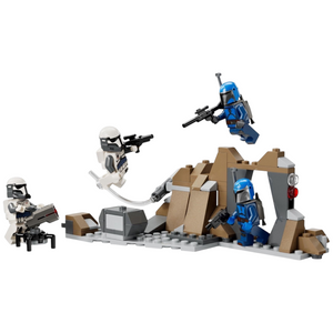 [built-white] A Brick Apart LEGO Star Wars Ambush on Mandalore set with 4 minifigures, rock cave, and stud-shooting cannon