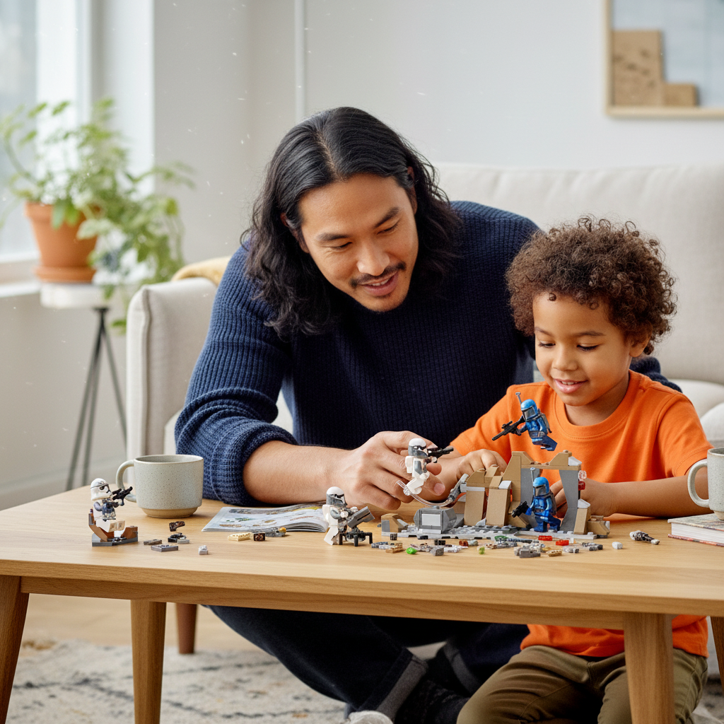 [lifestyle-person] A Brick Apart LEGO Star Wars Ambush on Mandalore set being built by a father and son on a wooden coffee table