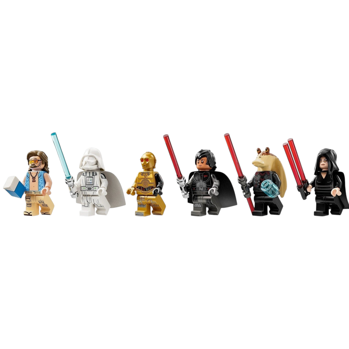 [minifig] A Brick Apart LEGO Star Wars minifigure collection including Darth Jar Jar, Jedi Vader, and Beach Luke with accessories