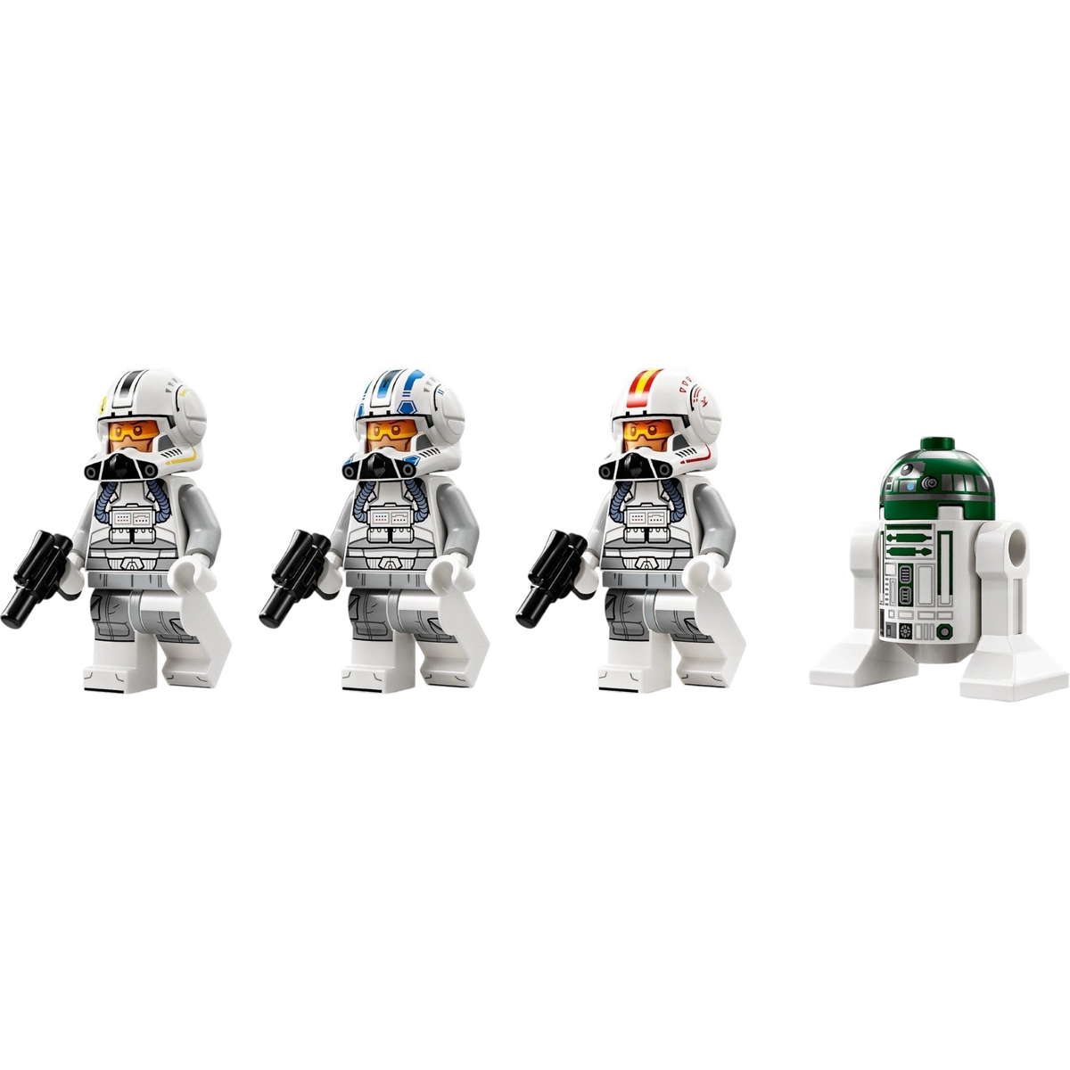 [minifig] A Brick Apart LEGO Star Wars minifigures including three clone pilots and an R4-P44 droid on a white background
