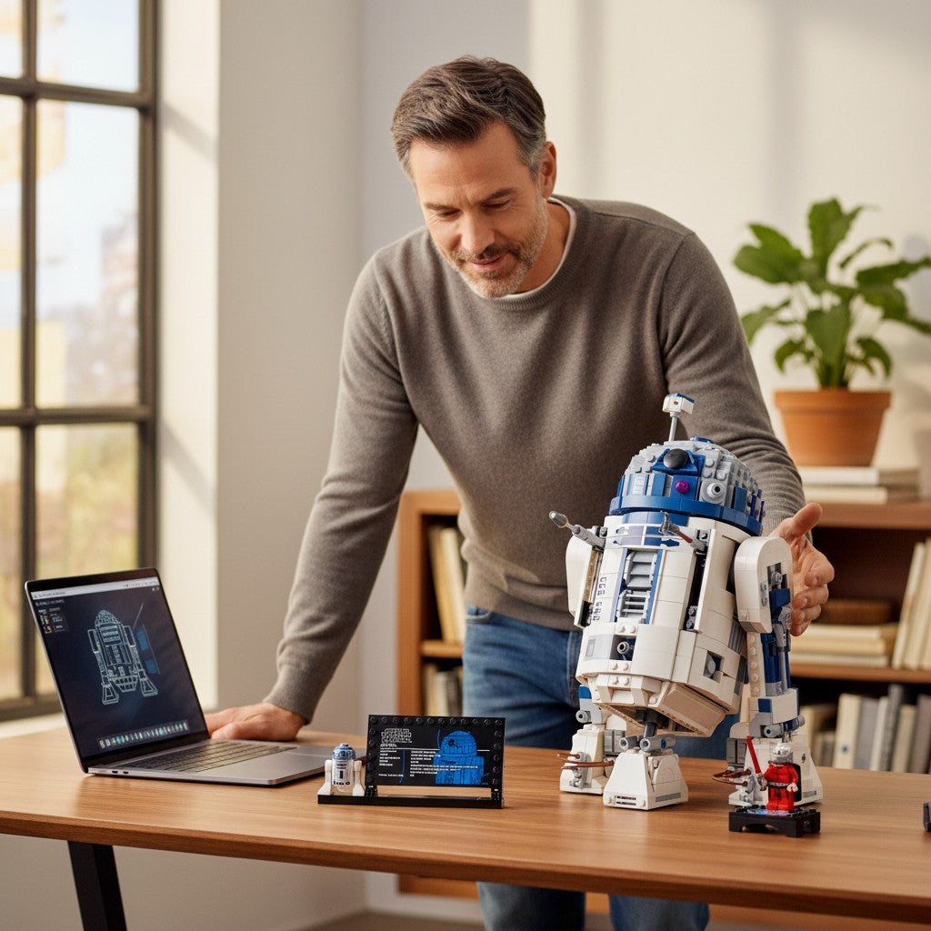 [lifestyle-person] A Brick Apart LEGO Star Wars R2-D2 display model being assembled by a man at a desk with a laptop and information plaque