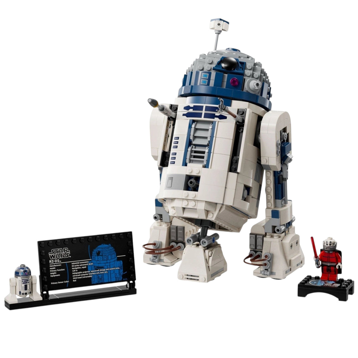 [built-white] A Brick Apart LEGO Star Wars R2-D2 display model with rotating head, third leg, information plaque, and Darth Malak.