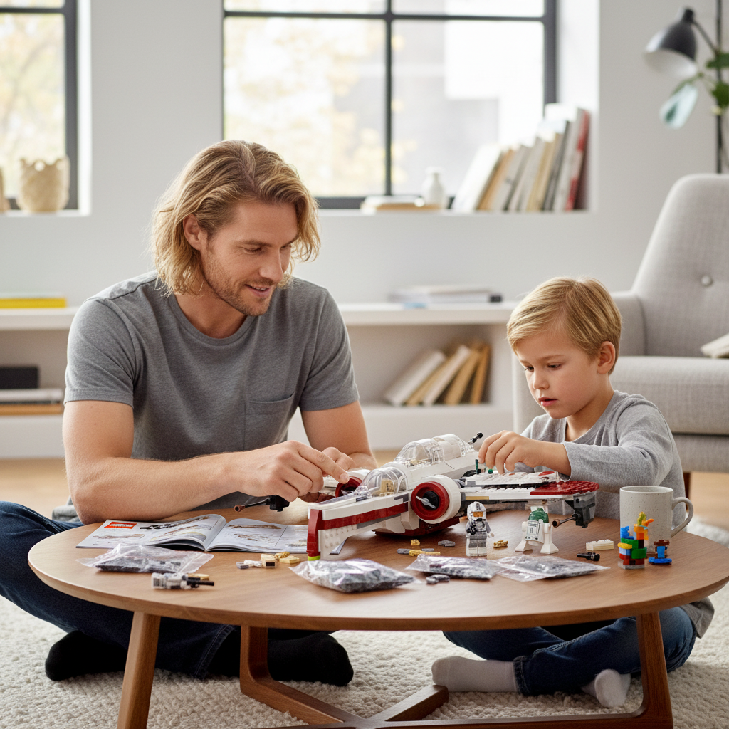 [lifestyle-person] A Brick Apart father and son building the LEGO Star Wars ARC-170 Starfighter set together on a wooden coffee table.
