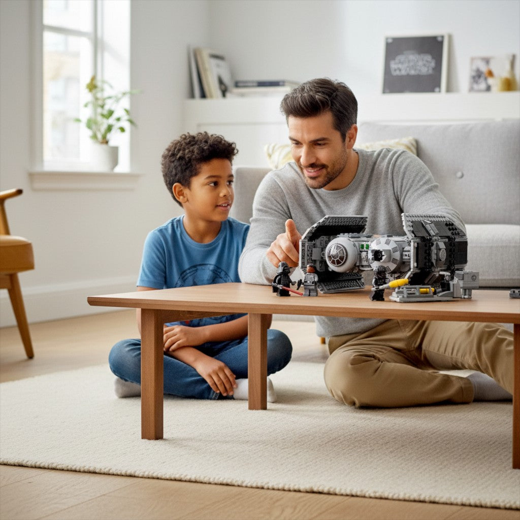[lifestyle-person] A Brick Apart LEGO Star Wars TIE Bomber set being played with by a father and son in a bright living room.