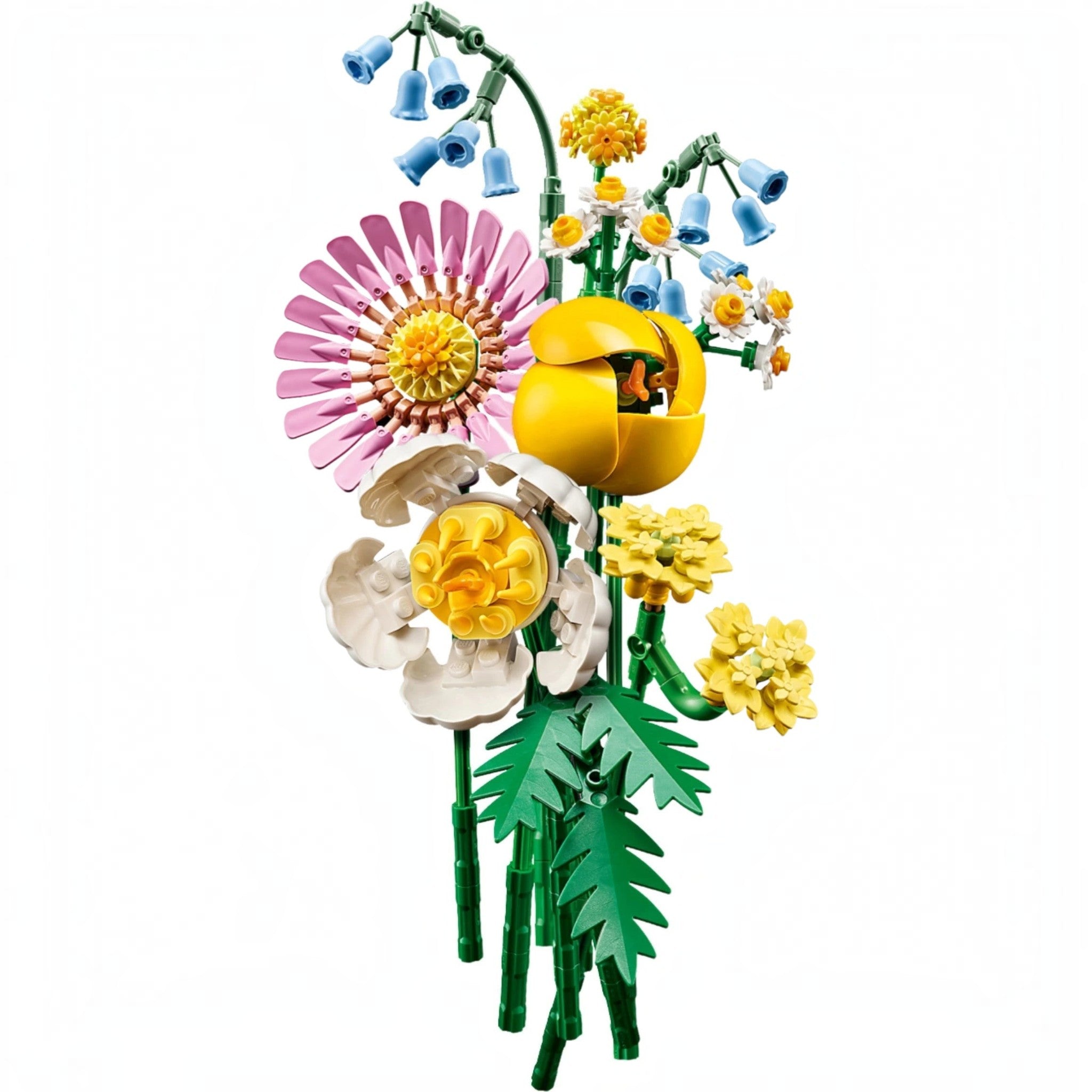 A Brick Apart LEGO Botanicals Petite Sunny Bouquet featuring pastel flowers like bluebells, a pink gerbera, and ferns.