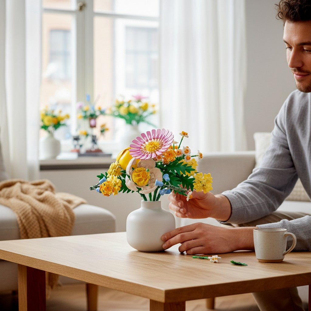 A Brick Apart LEGO Botanicals Petite Sunny Bouquet featuring pastel spring flowers in a white vase on a wooden table.