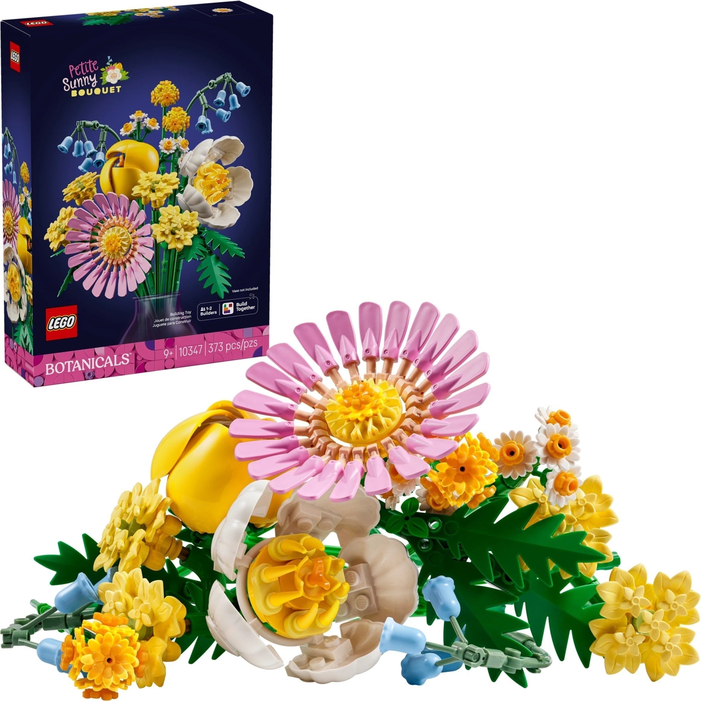 A Brick Apart LEGO Botanicals Petite Sunny Bouquet set featuring pastel plastic flowers like gerberas and bluebells.