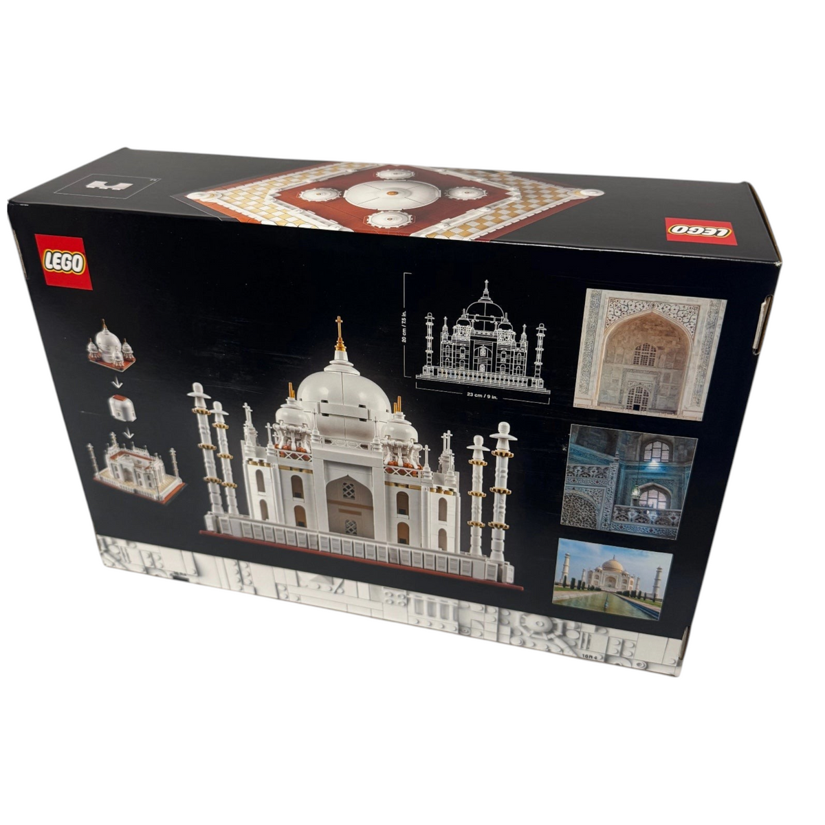 [box-back] A Brick Apart LEGO Architecture Taj Mahal set box showing the finished model, minarets, and detailed architectural views