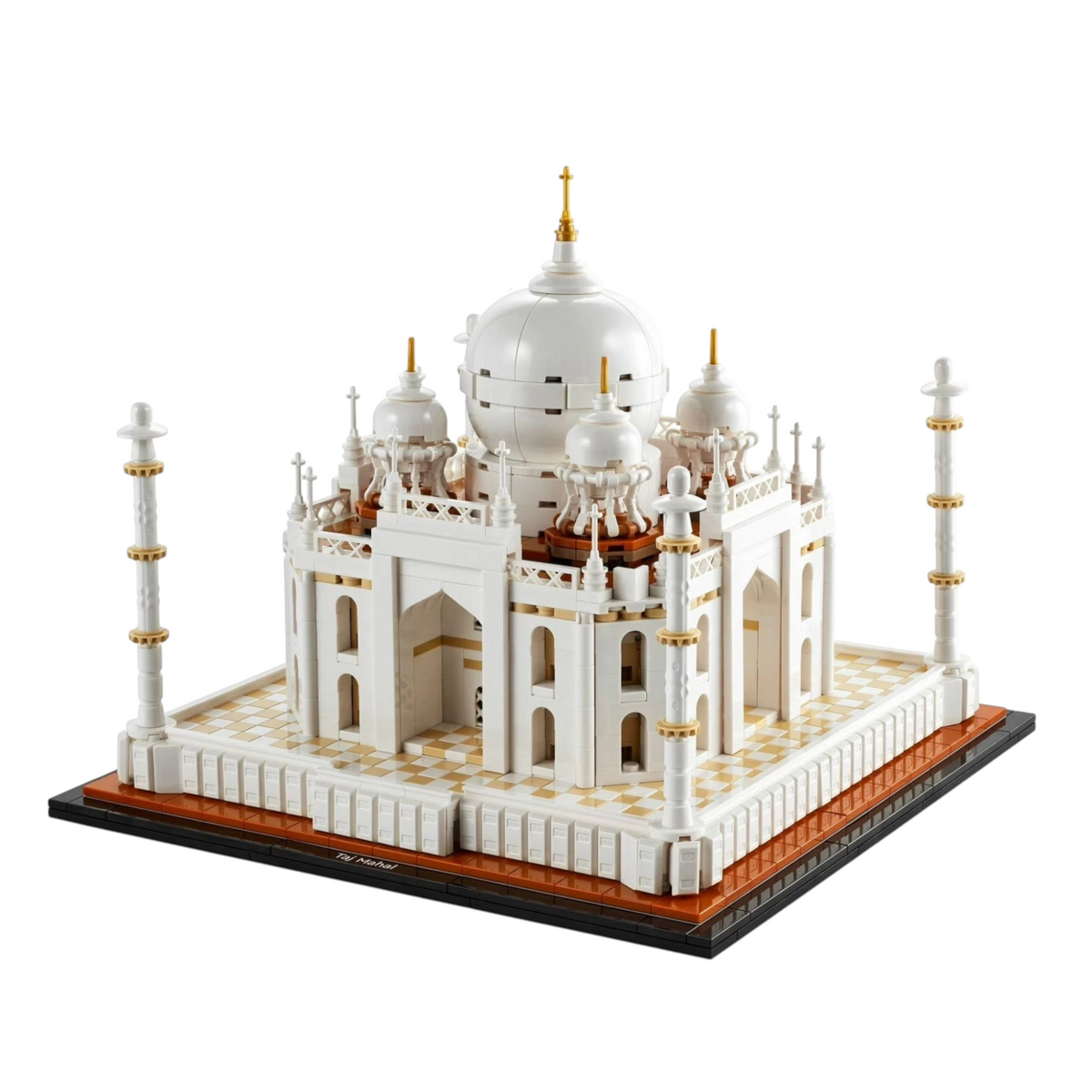 [built-white] A Brick Apart LEGO Architecture Taj Mahal model featuring white domes, minarets, and a detailed base on display.