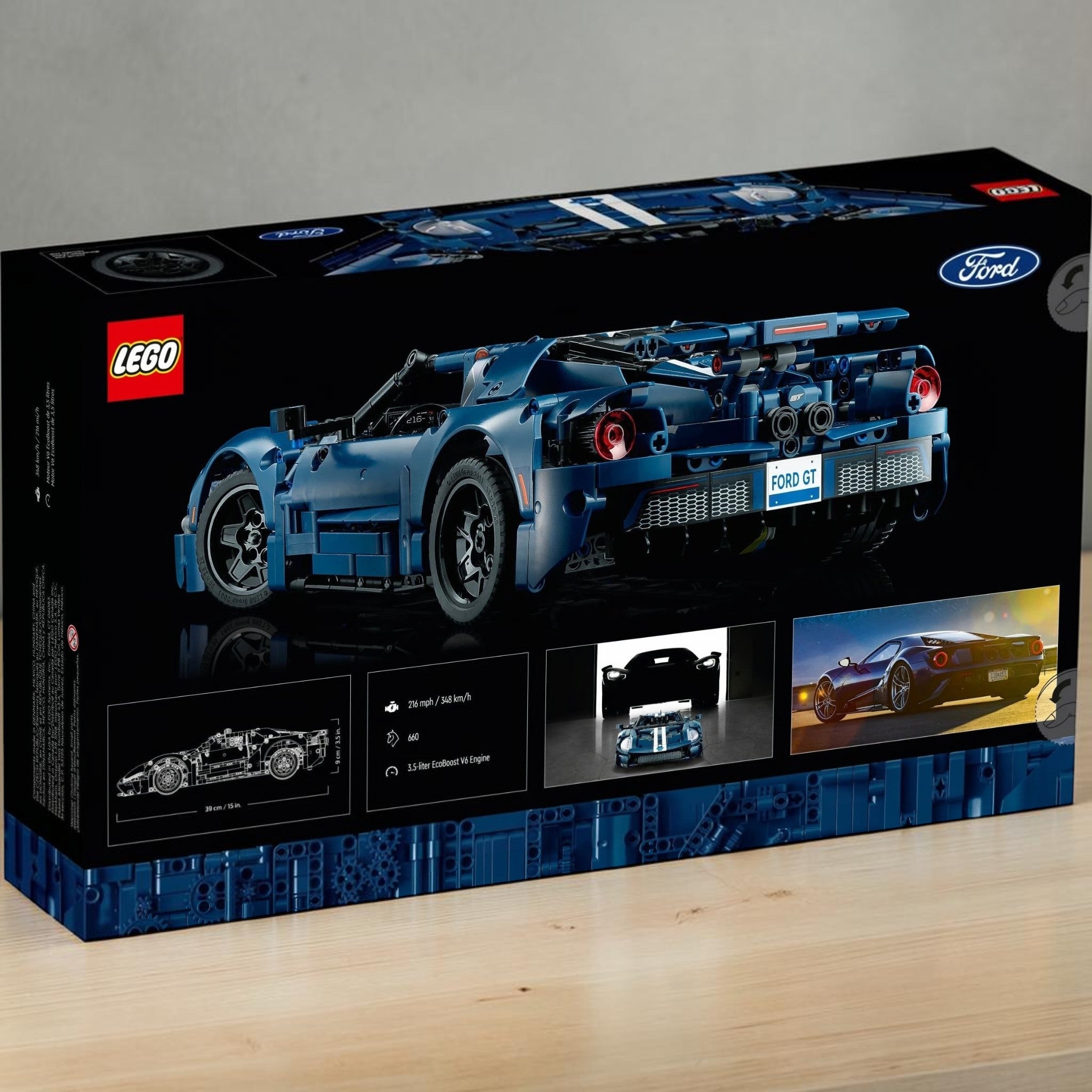 A Brick Apart LEGO Technic 2022 Ford GT model box showing the rear view of the blue supercar with detailed spoiler.