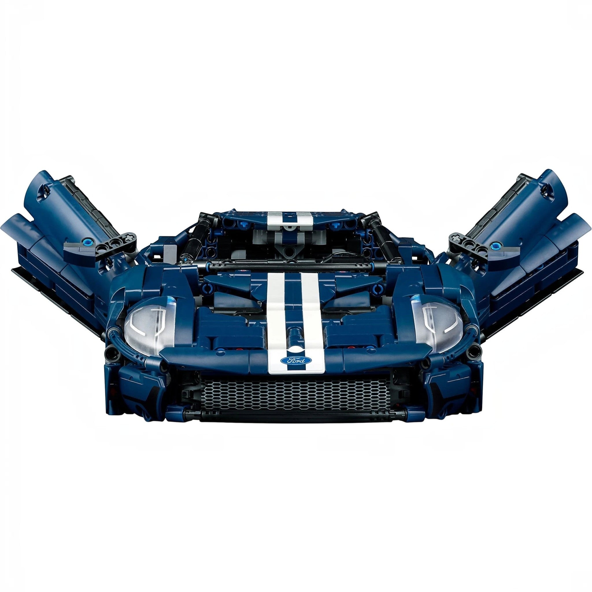 A Brick Apart LEGO Technic 2022 Ford GT model in dark blue with white racing stripes and open butterfly doors