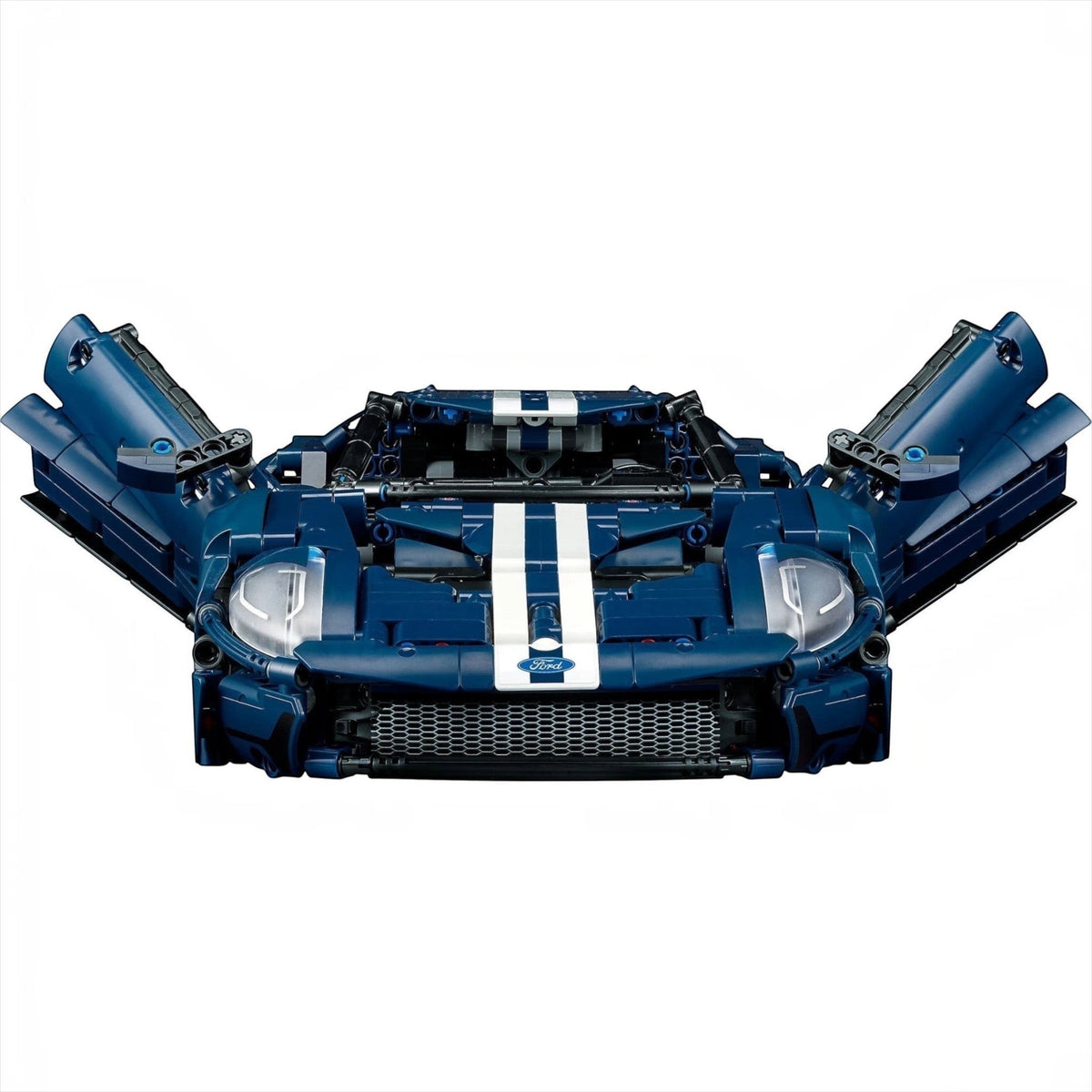 [built-detail] A Brick Apart LEGO Technic 2022 Ford GT model in dark blue with white racing stripes and open butterfly doors