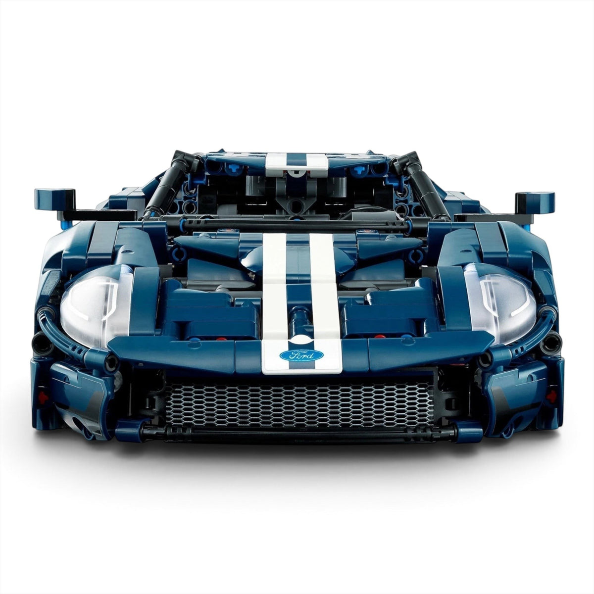 [built-angle] A Brick Apart LEGO Technic 2022 Ford GT model in dark blue with white racing stripes, viewed from the front.