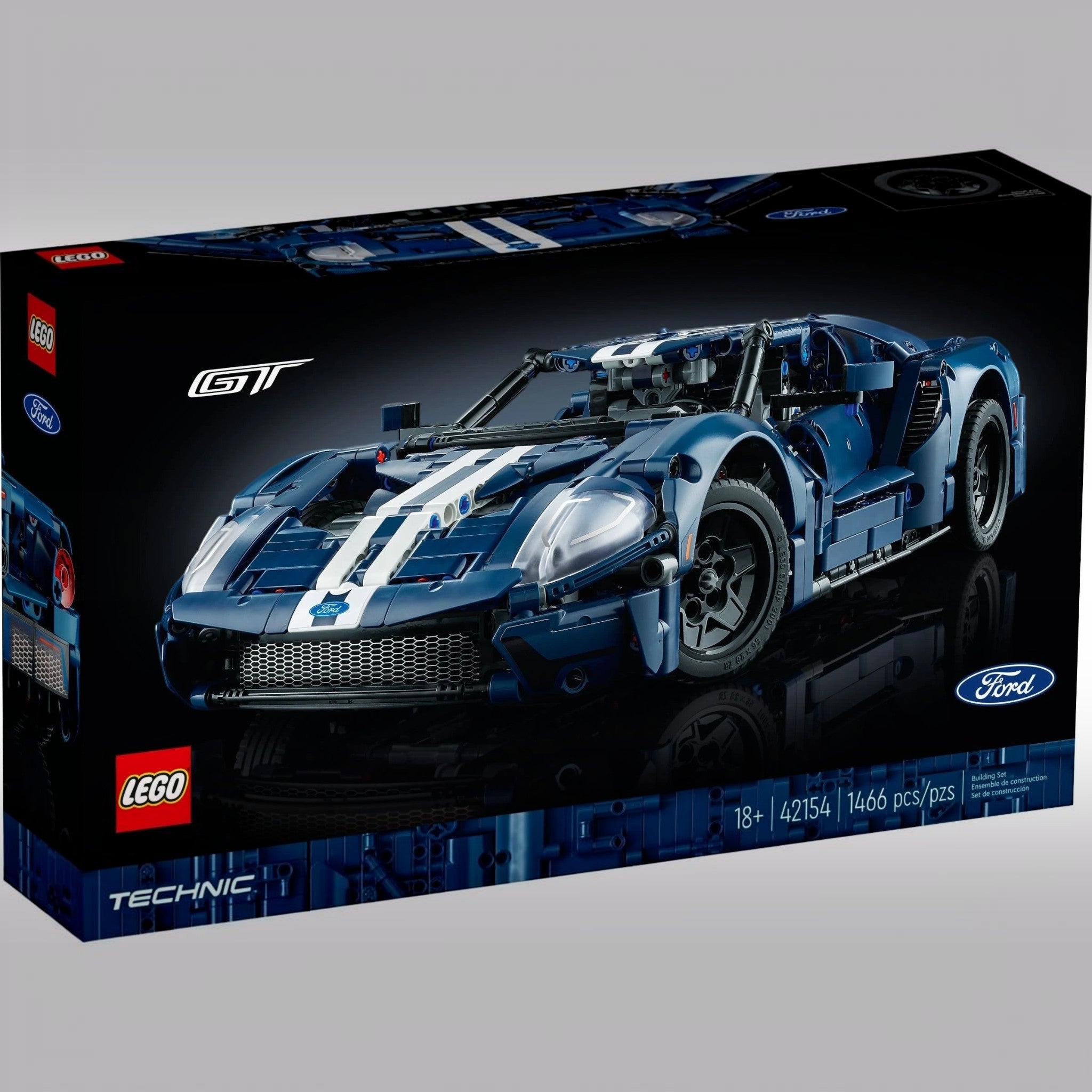 A Brick Apart LEGO Technic 2022 Ford GT model kit box featuring a detailed blue supercar with white racing stripes.