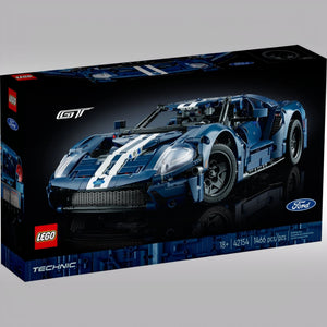 A Brick Apart LEGO Technic 2022 Ford GT model kit box featuring a detailed blue supercar with white racing stripes.