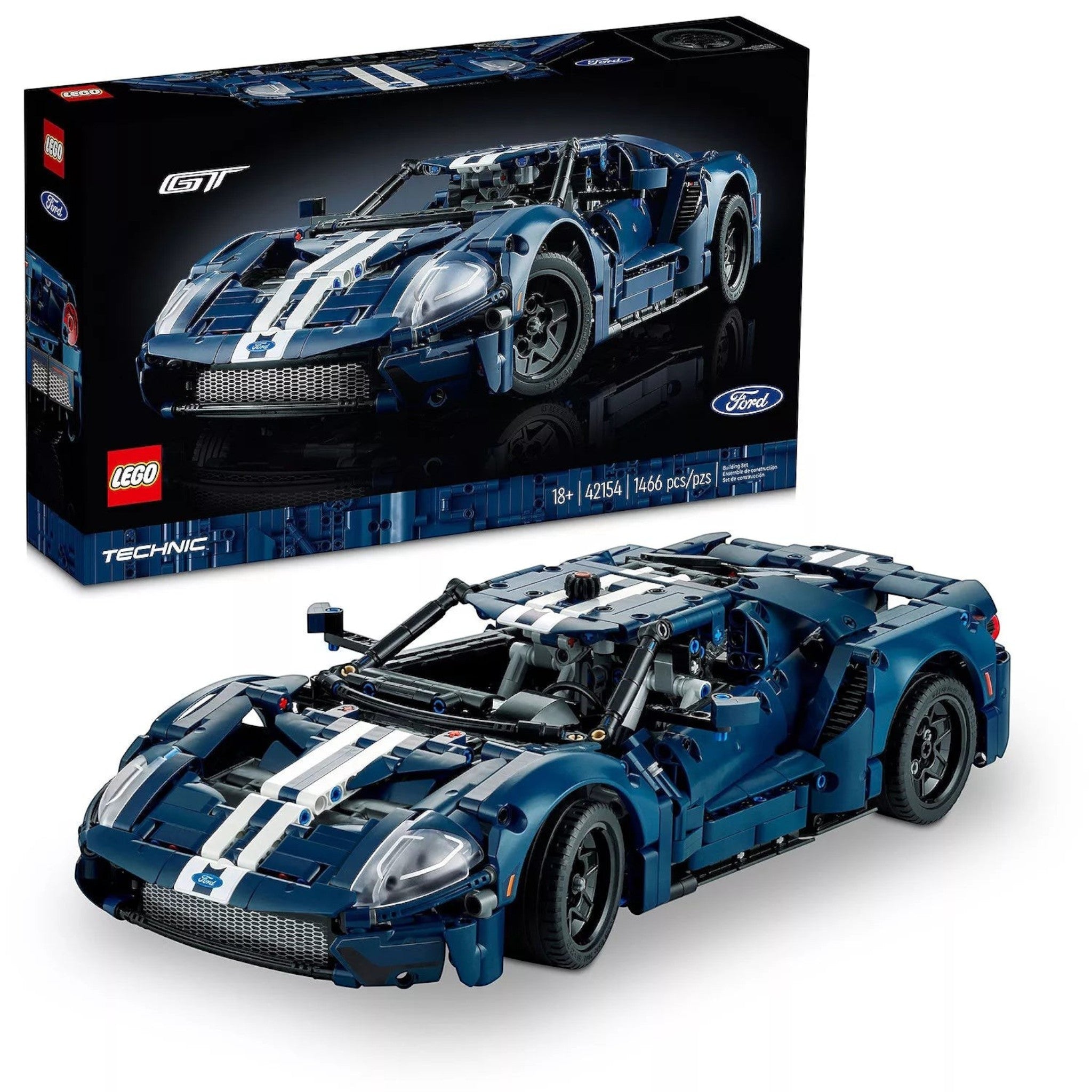 A Brick Apart LEGO Technic 2022 Ford GT model in dark blue with white racing stripes, featuring realistic car details.