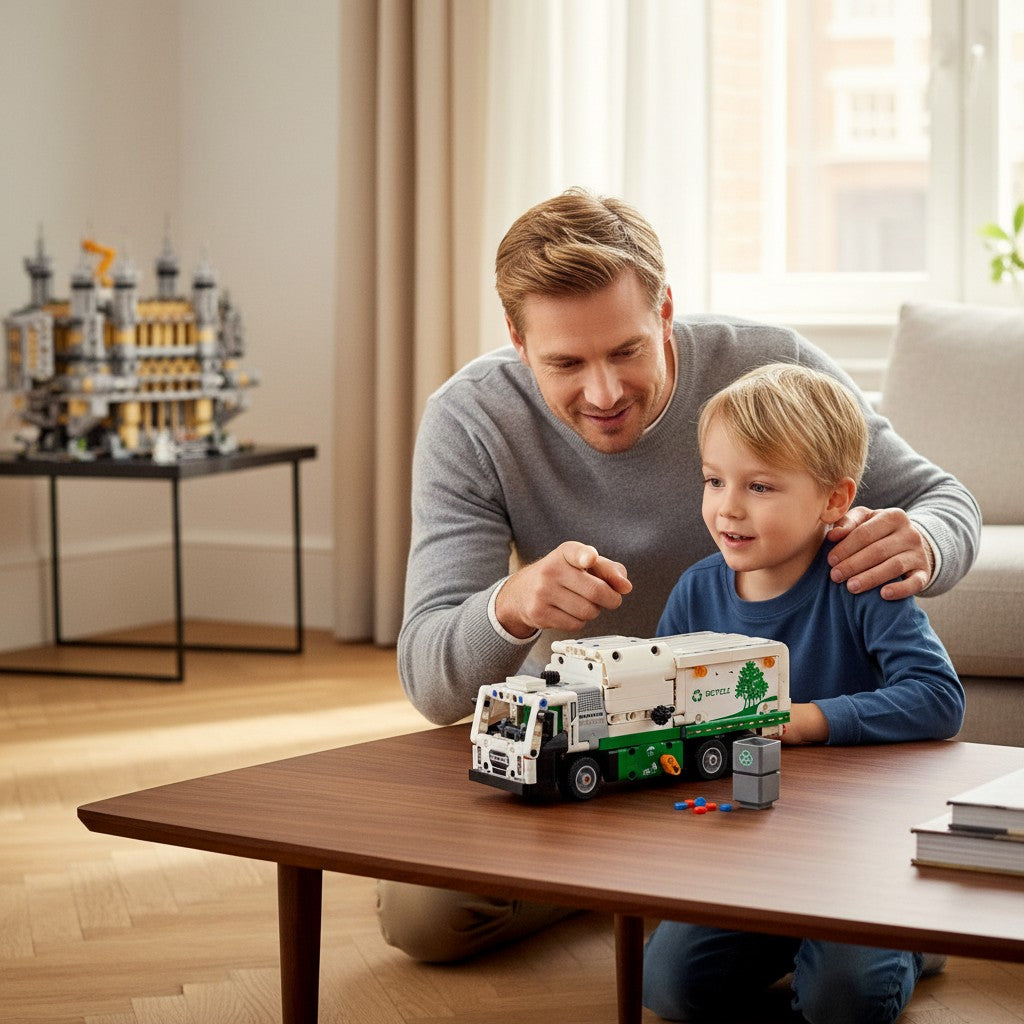A Brick Apart LEGO Technic Mack LR Electric Garbage Truck being played with by a father and son on a wooden table.