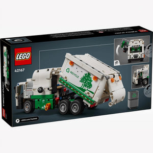 A Brick Apart LEGO Technic Mack LR Electric Garbage Truck building set box showing the white and green toy vehicle.