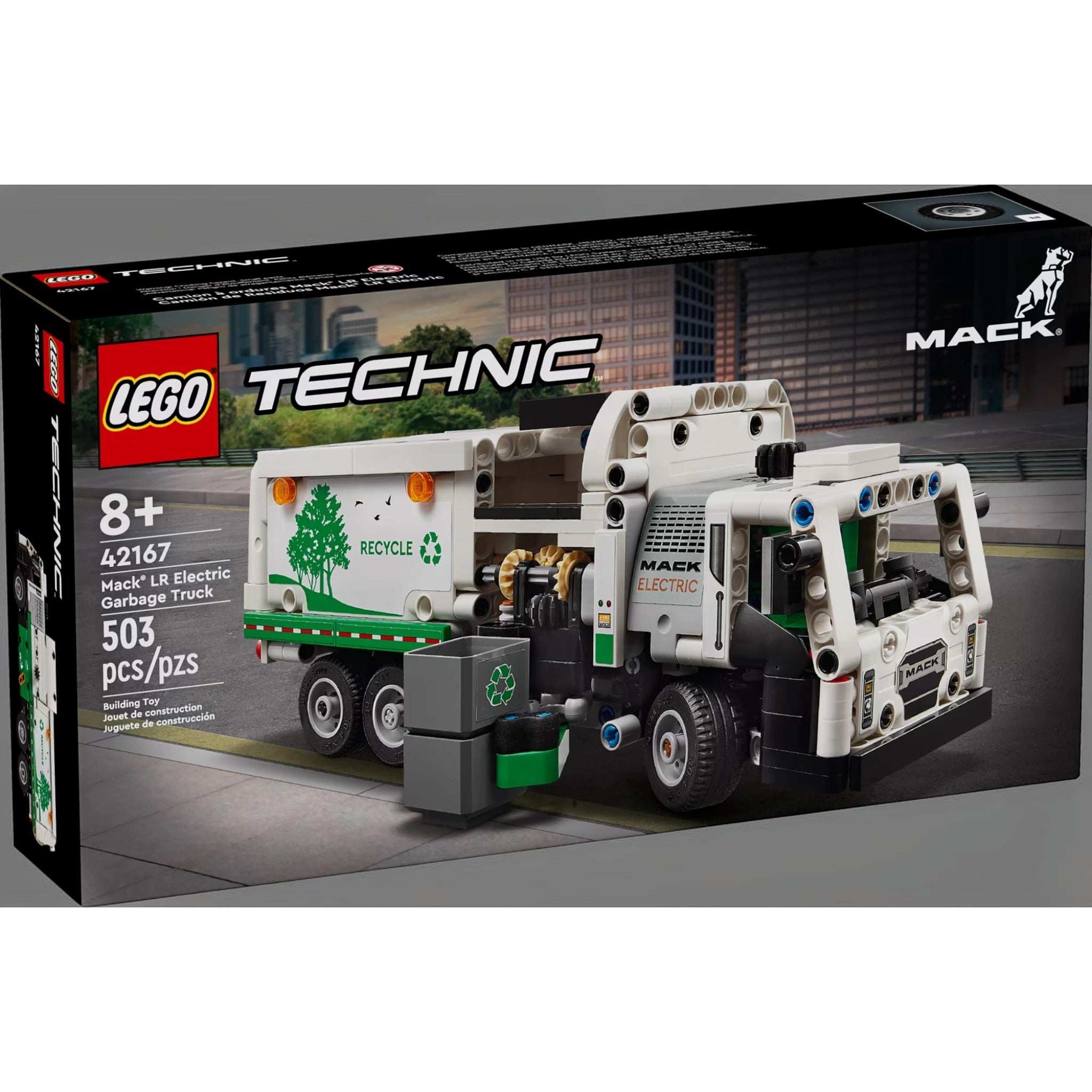 A Brick Apart LEGO Technic Mack LR Electric Garbage Truck building set box featuring a white and green toy truck.