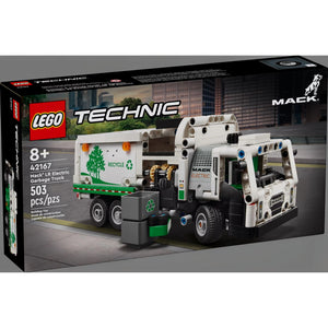 A Brick Apart LEGO Technic Mack LR Electric Garbage Truck building set box featuring a white and green toy truck.
