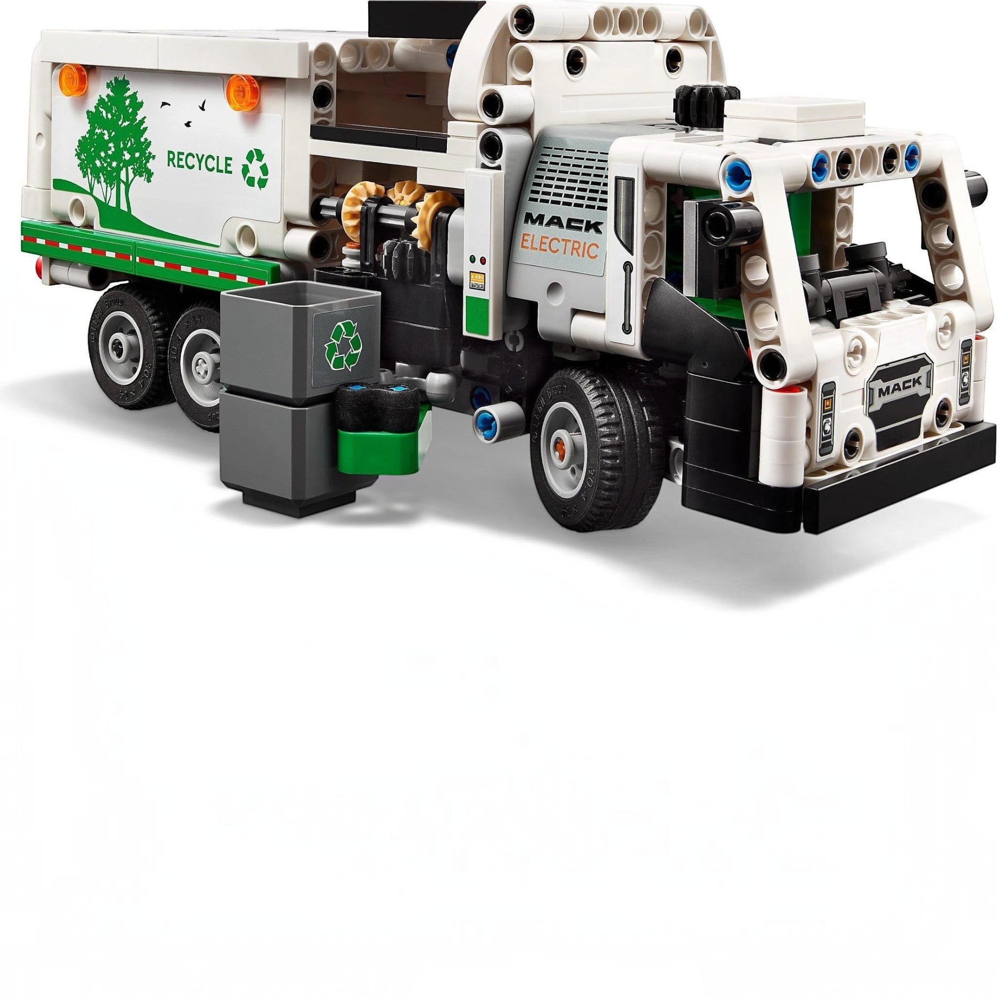 A Brick Apart LEGO Technic Mack LR Electric Garbage Truck with functional side loader and recycling bin accessories.