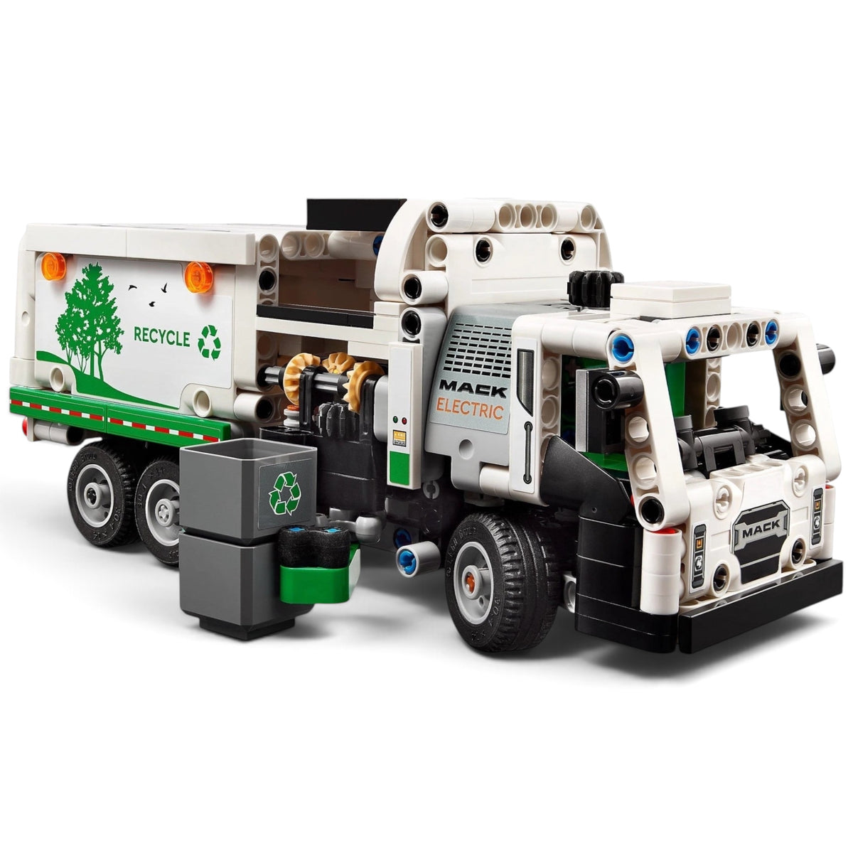 [built-angle] A Brick Apart LEGO Technic Mack LR Electric Garbage Truck with functional side loader and recycling bin accessories.